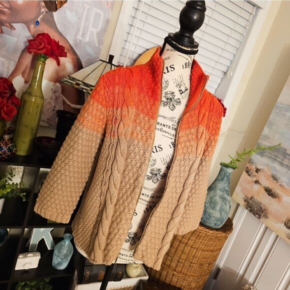 New Rachel Rachel Roy Orange/ Tan Ombra Thick Cable Knit Zipper Front Sweater. - Picture 5 of 15
